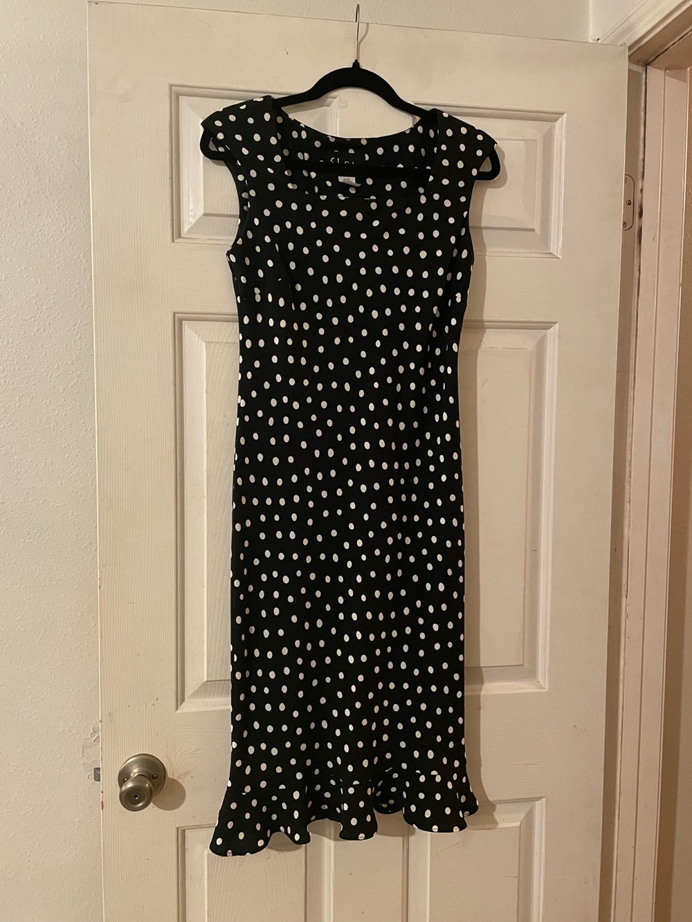 Vintage SL Fashions Polka Dot Ruffle Trumpet Hem Cap Sleeve Sheath Dress 10